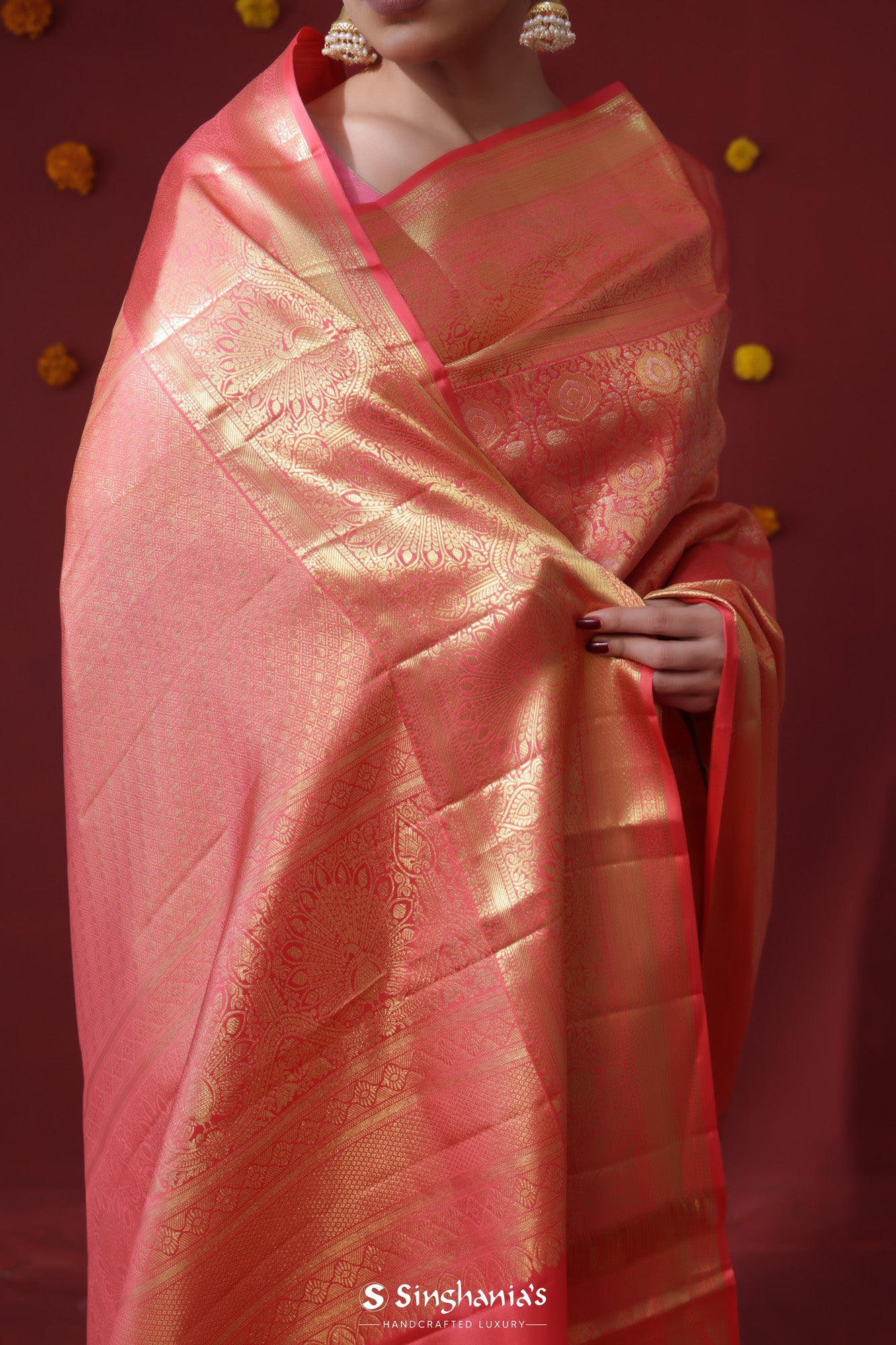 Persian Red Kanjivaram Silk Saree With Floral-Fauna Weaving