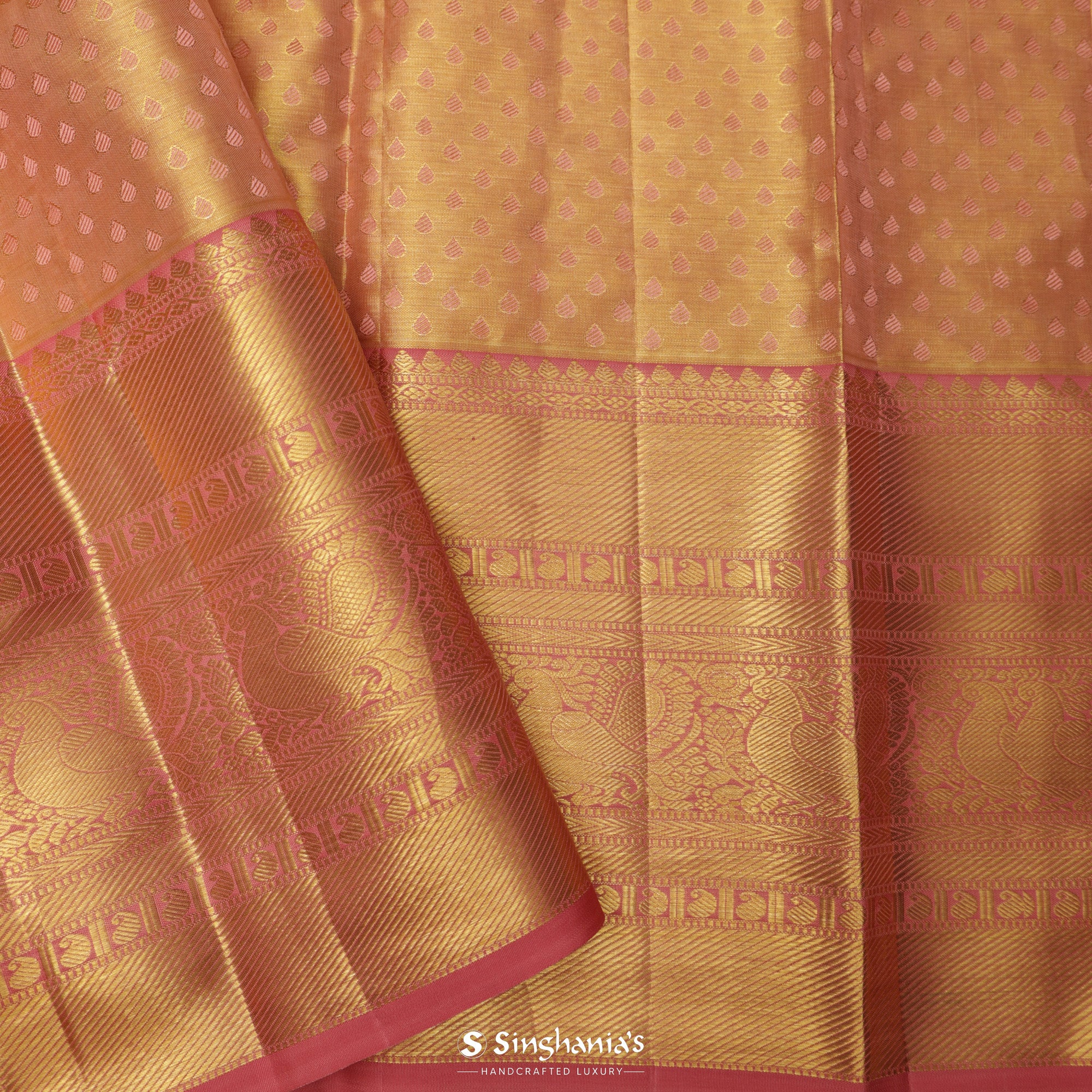 Persian Red Kanjivaram Silk Saree With Floral-Fauna Weaving