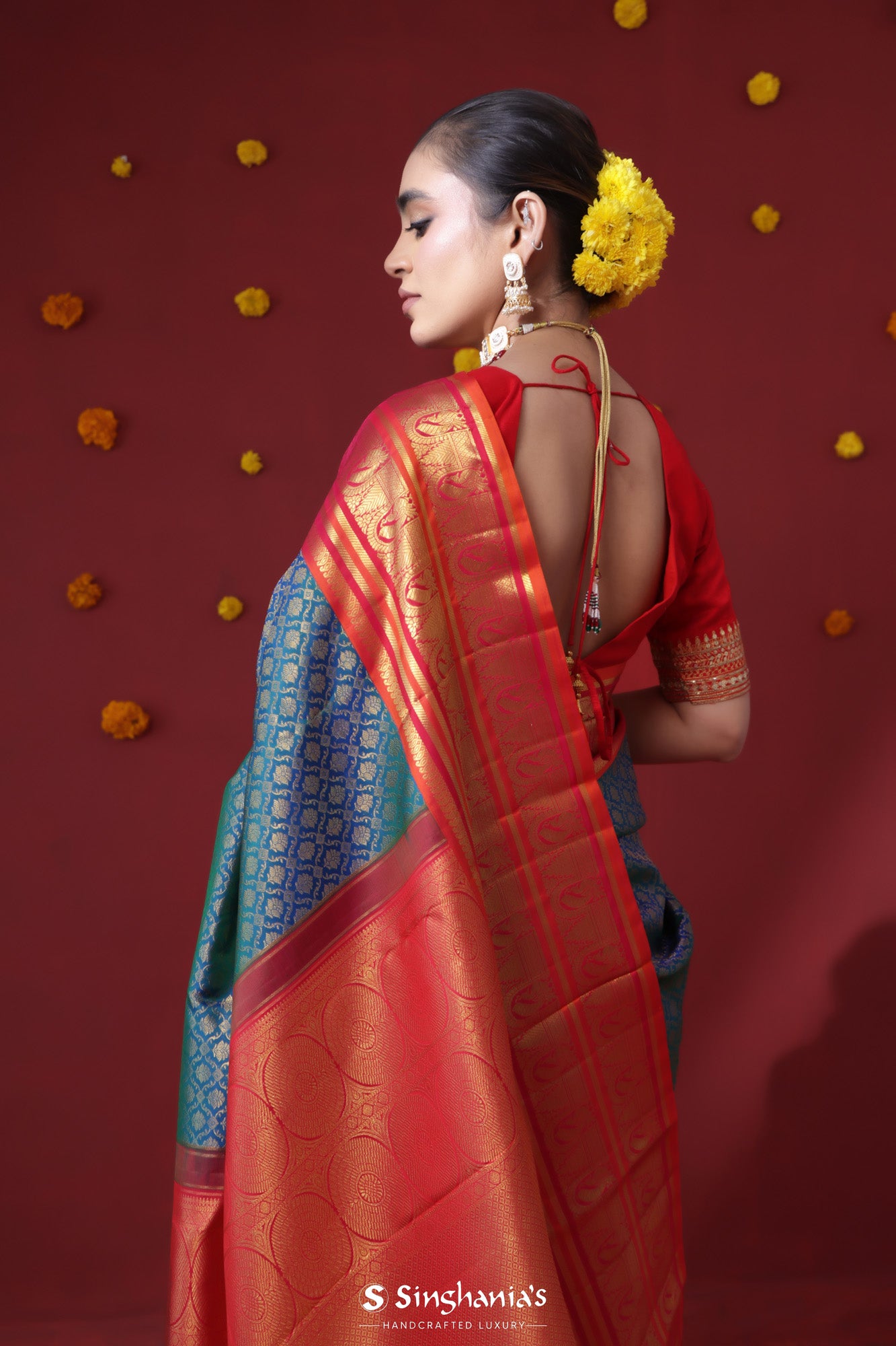 Lapis Blue Kanjivaram Silk Saree With Floral Buttas Weaving