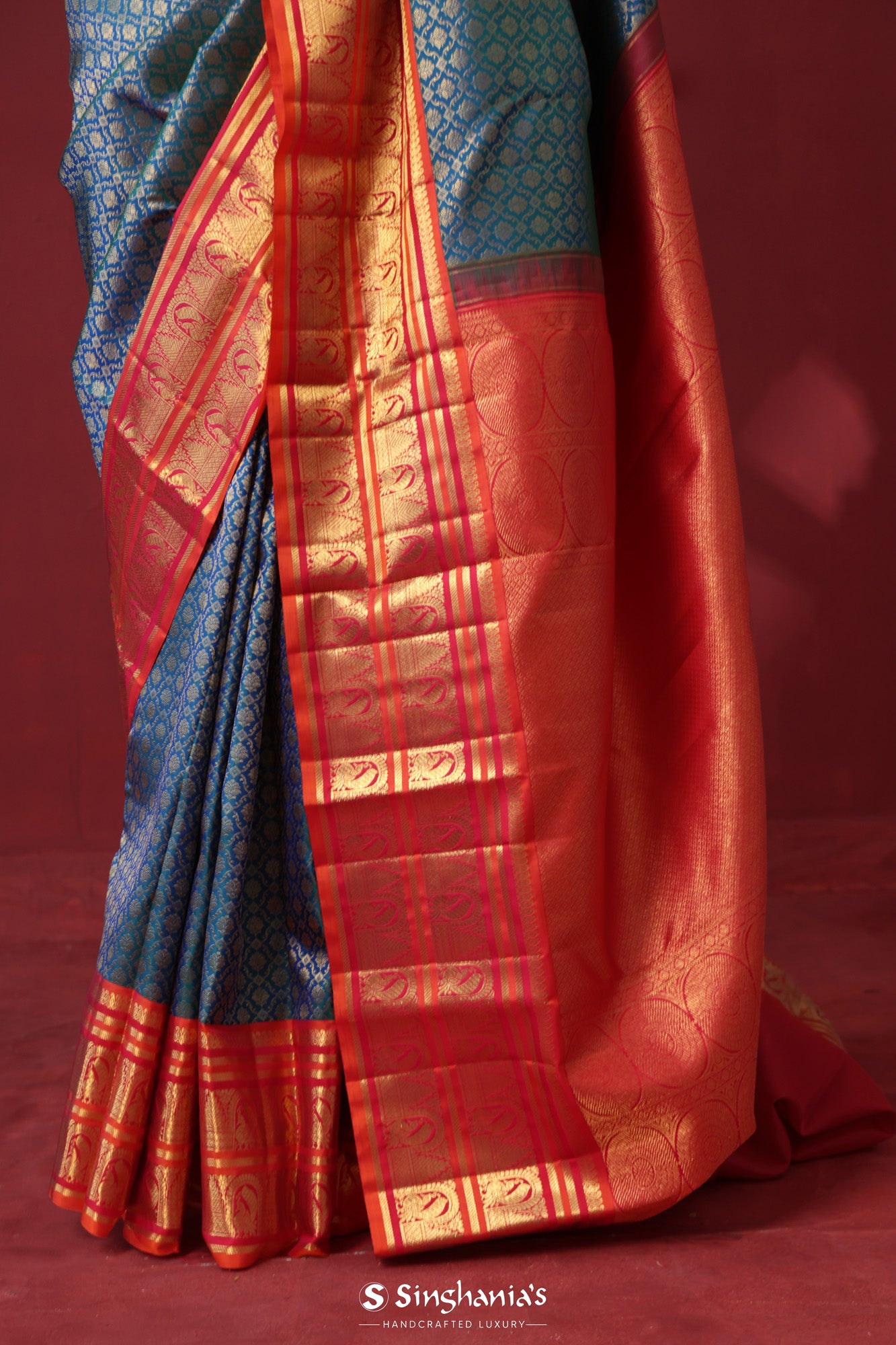 Lapis Blue Kanjivaram Silk Saree With Floral Buttas Weaving