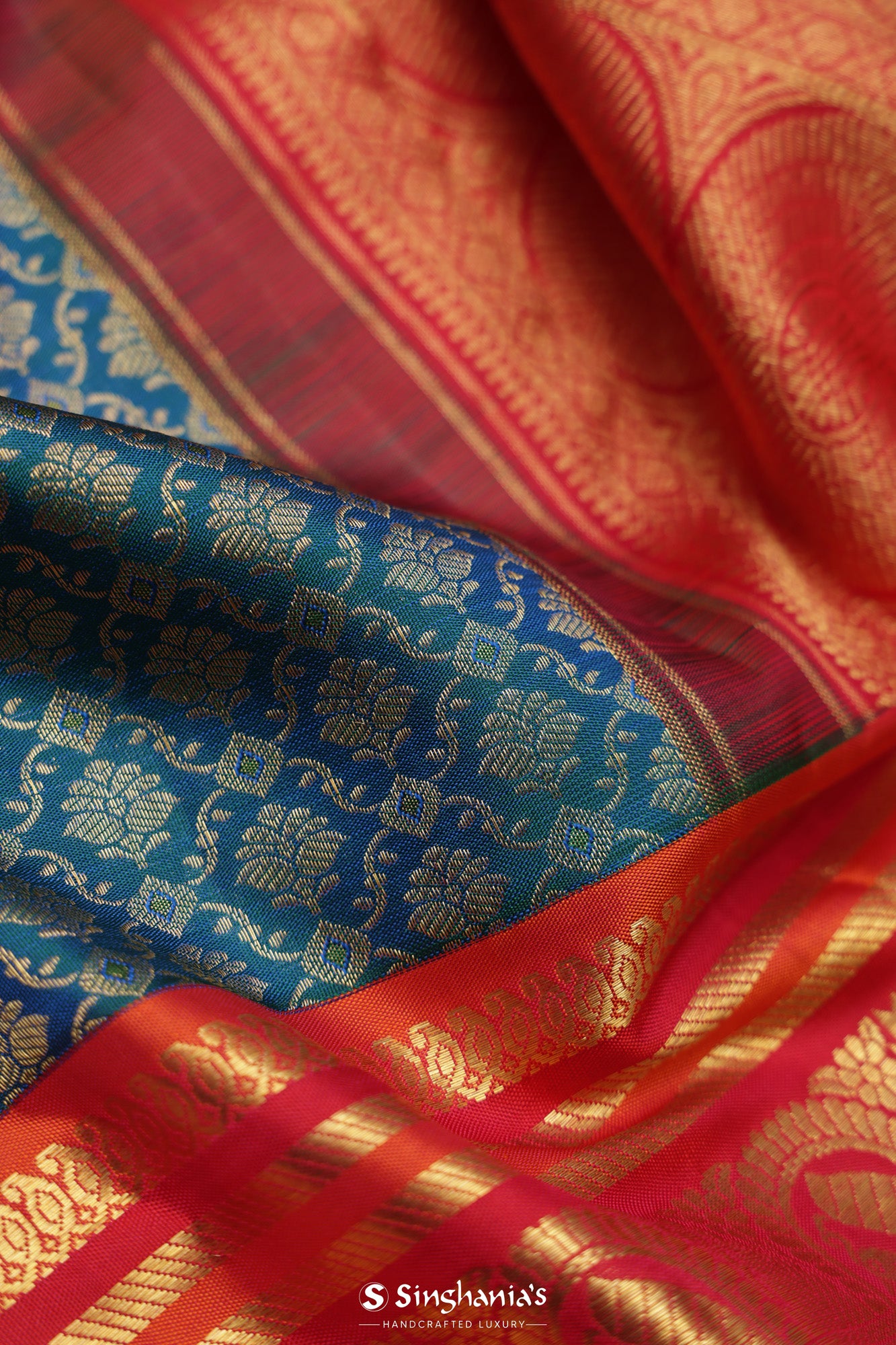 Lapis Blue Kanjivaram Silk Saree With Floral Buttas Weaving